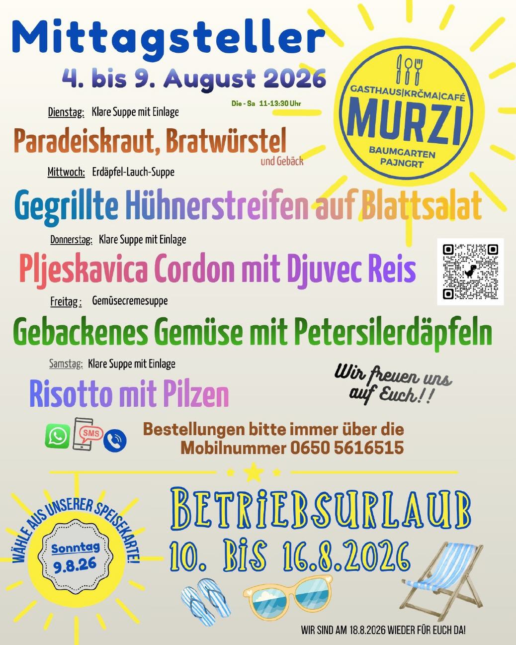 Mittagsteller ab 4. - 9. August !!