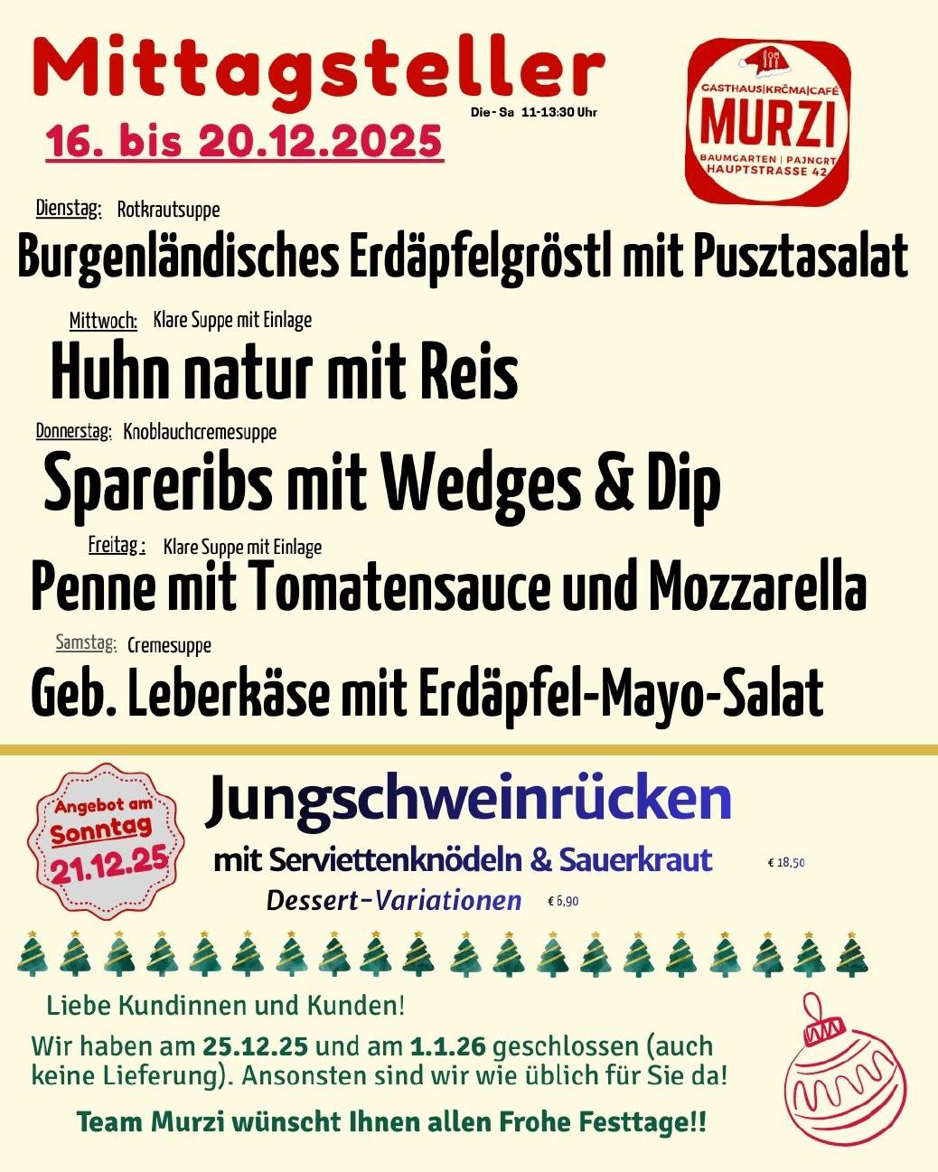 Mittagsteller aktuell u. Sonnstagsangebot 21.12.25