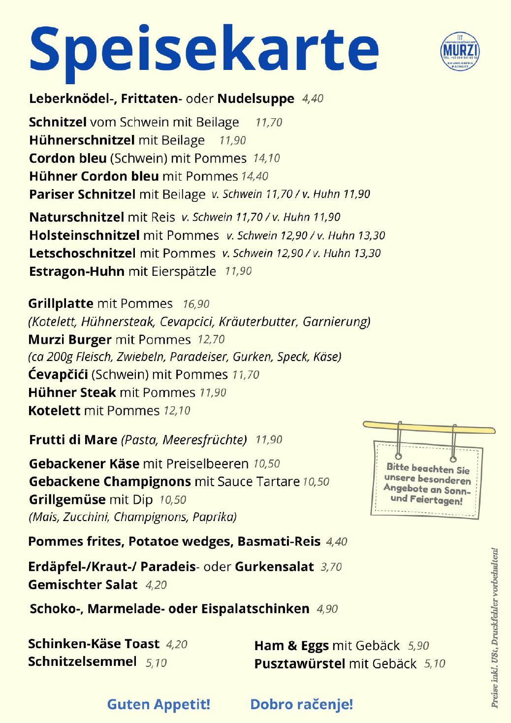 Murzis Speisekarte